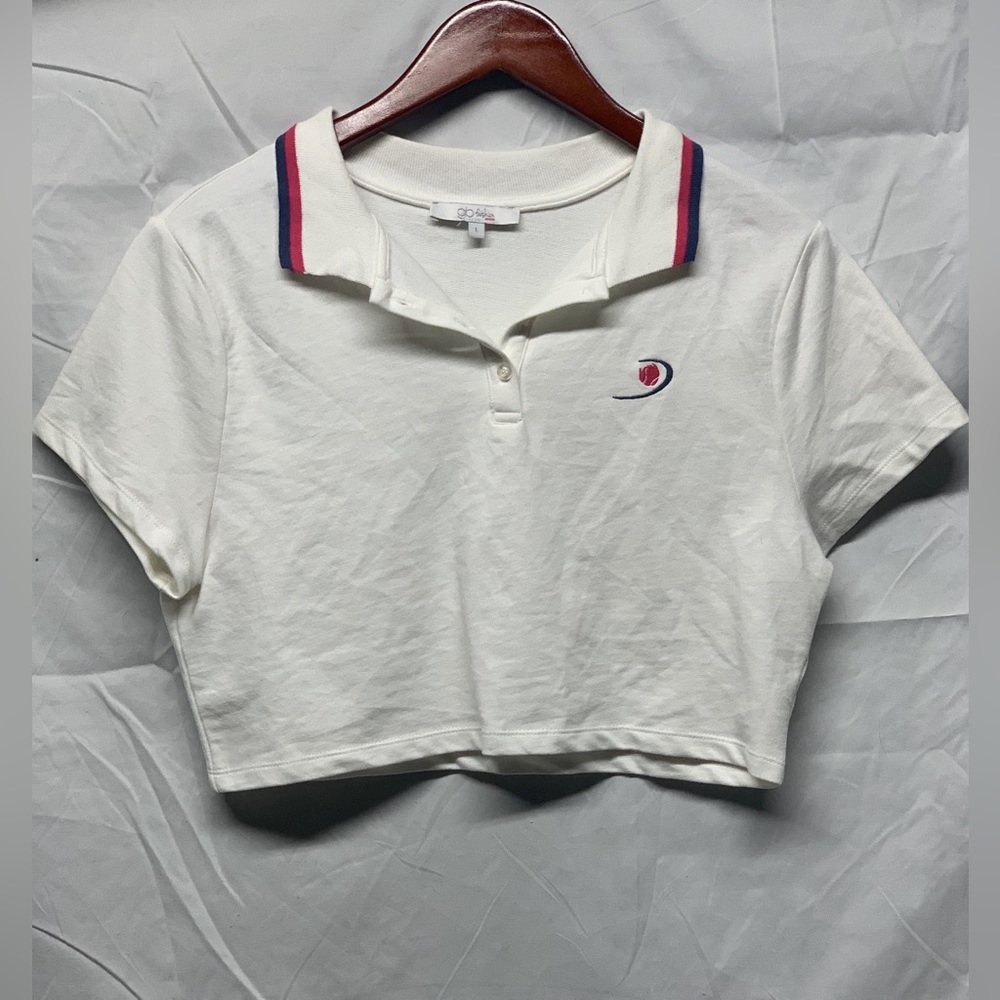 Francesca’s tennis polo cropped t-shirt white with blue and red stripes SIZE: L